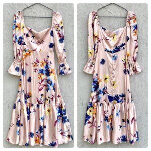 Vasiliki Wolf & Badger Floral Sweetheart Flounce Sleeve Satin Midi Dress Sz 2